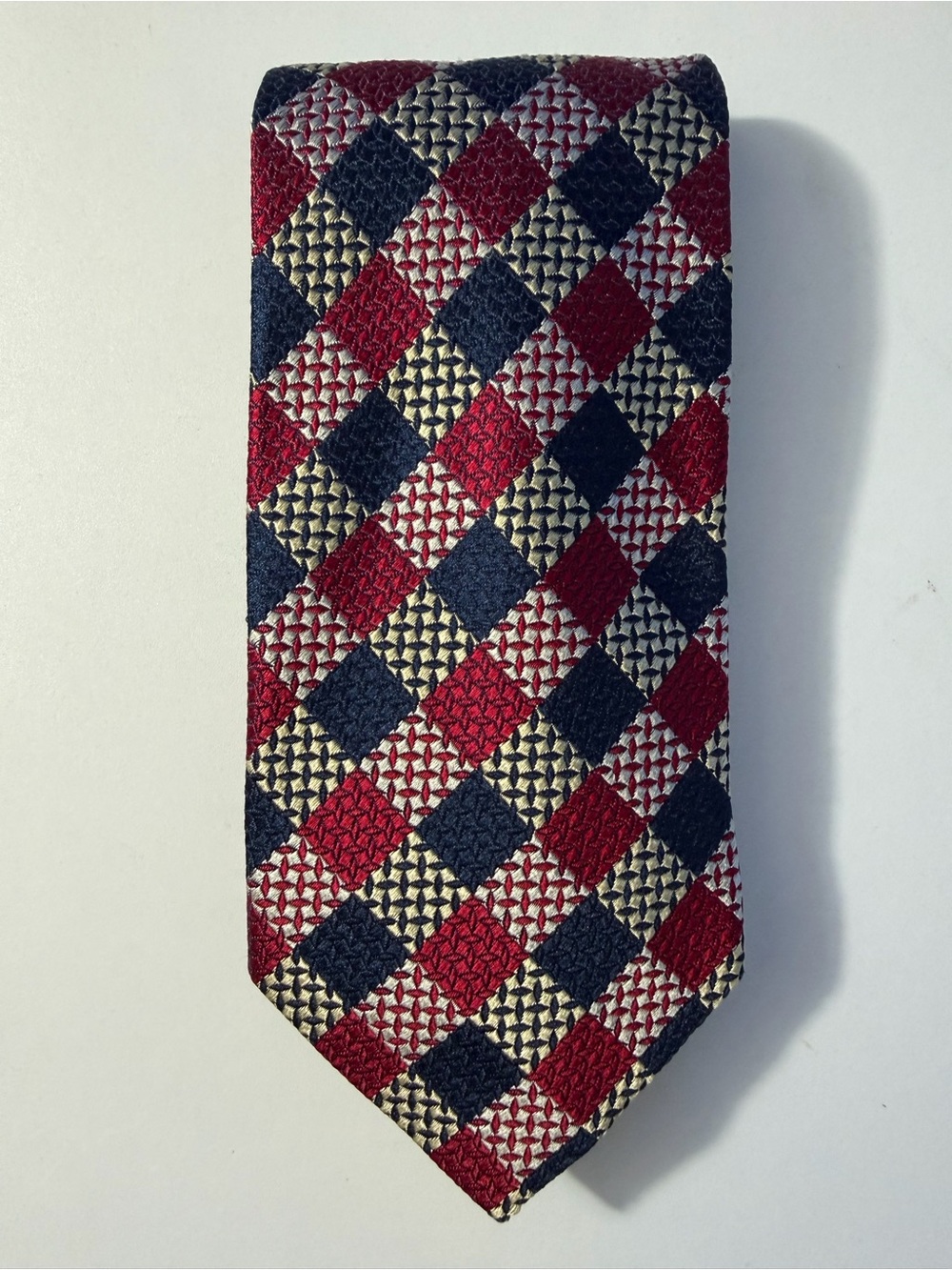 Luciano Barbera - Men's SILK Red, Navy & Cream Woven Check Tie